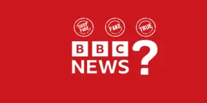 BBC Logo: Deepfake, Fake, True, and a Question Mark.