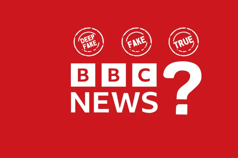 BBC Logo: Deepfake, Fake, True, and a Question Mark.