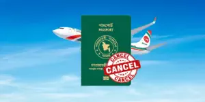 নীল আকাশে উড়ছে বাংলাদেশী বিমান তার উপরে বাংলাদেশী পাসপোর্ট যার উপর ক্যান্সেল ষ্ট্যাম্প মারা