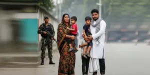 যুদ্ধের ভয়াবহতায় আতংকিত একটি পরিবার এবং পিছনে বন্দুক হাতে দাঁড়ানো একজন সৈনিক সদস্য