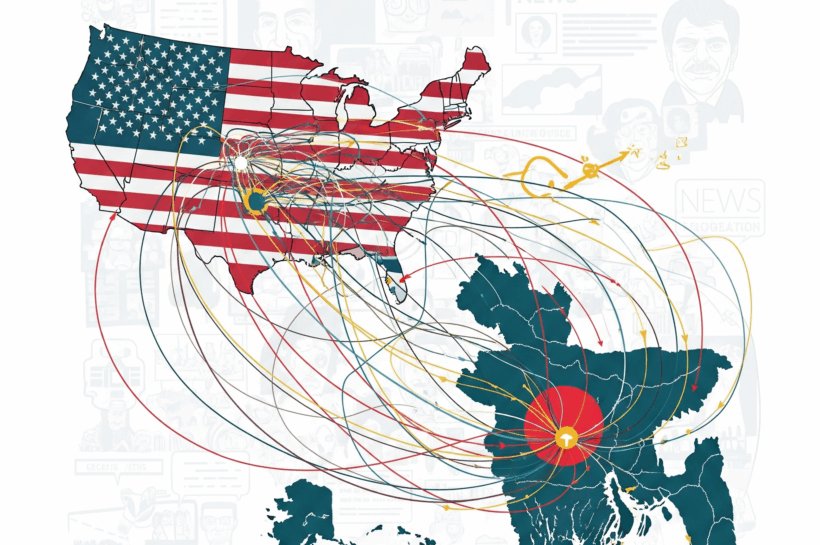 USA map and Bangladesh Map with many lines like web of economic transaction.