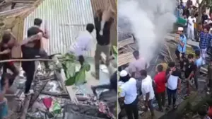 বসতঘর ভেঙে আগুনে পুড়িয়ে দেওয়া হয়েছে।