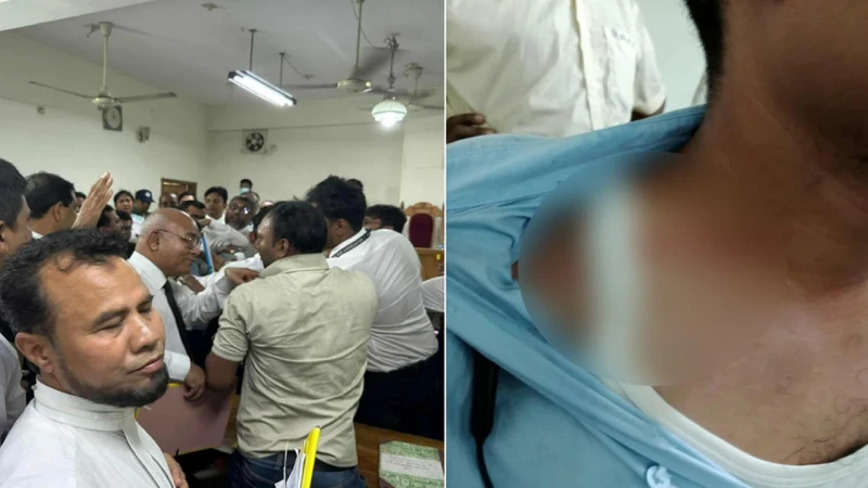 আদালতে বিচারকের সামনেই এক সাংবাদিকের ওপর হামলা চালিয়েছেন আইনজীবীরা।