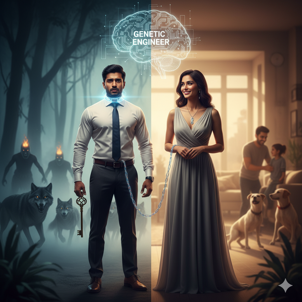 এটি এমন একটি দৃশ্য যা পুরুষদের অনুমিত শক্তি এবং অন্তর্নিহিত দুর্বলতার মধ্যে বৈপরীত্য তুলে ধরে। নারীর "জেনেটিক ইঞ্জিনিয়ার" ভূমিকার প্রতীকী চিত্রায়নের মাধ্যমে বিবর্তনীয় প্রক্রিয়া এবং মনস্তাত্ত্বিক রূপান্তরকে এখানে বিমূর্তভাবে তুলে ধরা হয়েছে।