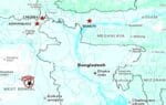 বাংলাদেশের মানচিত্র এবং এর আশেপাশে ভারতের কয়েকটি সামরিক ঘাটি চিহ্নিত করা হয়েছে এখানে।