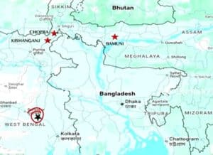বাংলাদেশের মানচিত্র এবং এর আশেপাশে ভারতের কয়েকটি সামরিক ঘাটি চিহ্নিত করা হয়েছে এখানে।