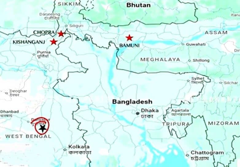 বাংলাদেশের মানচিত্র এবং এর আশেপাশে ভারতের কয়েকটি সামরিক ঘাটি চিহ্নিত করা হয়েছে এখানে।