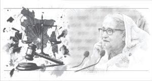 বাংলাদেশের ক্ষমতাচ্যুত প্রধানমন্ত্রী শেখ হাসিনা বসে বক্তব্য রাখছেন