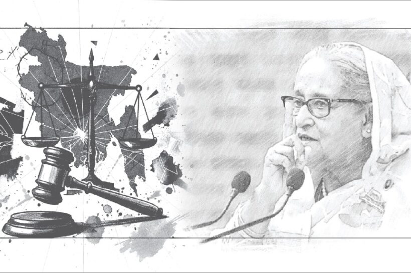 বাংলাদেশের ক্ষমতাচ্যুত প্রধানমন্ত্রী শেখ হাসিনা বসে বক্তব্য রাখছেন