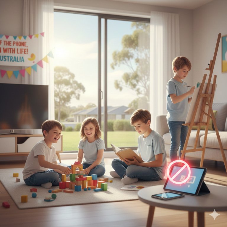 বাচ্চারা একটি ঘরে বিভিন্ন খেলনা নিয়ে খেলছে। পাশে একটি ইলেকট্রনিক গ্যাজেট রাখা, যা তারা ব্যবহার করছে না, কারণ অস্ট্রেলিয়াতে ১৬ বছরের নিচে বাচ্চাদের জন্য সোশ্যাল মিডিয়া নিষিদ্ধ করে সরকারি আইন কার্যকর করা হয়েছে।