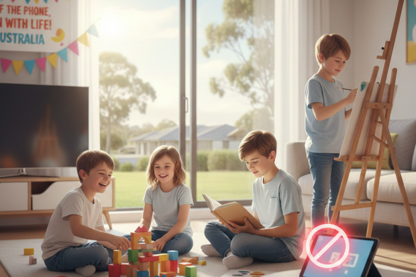 বাচ্চারা একটি ঘরে বিভিন্ন খেলনা নিয়ে খেলছে। পাশে একটি ইলেকট্রনিক গ্যাজেট রাখা, যা তারা ব্যবহার করছে না, কারণ অস্ট্রেলিয়াতে ১৬ বছরের নিচে বাচ্চাদের জন্য সোশ্যাল মিডিয়া নিষিদ্ধ করে সরকারি আইন কার্যকর করা হয়েছে।