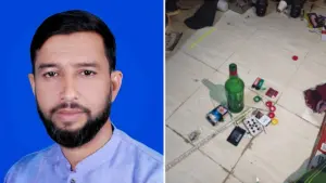 বাসায় মিলেছে বিদেশি মদের বোতল ও ইয়াবা সেবনের সরঞ্জাম।