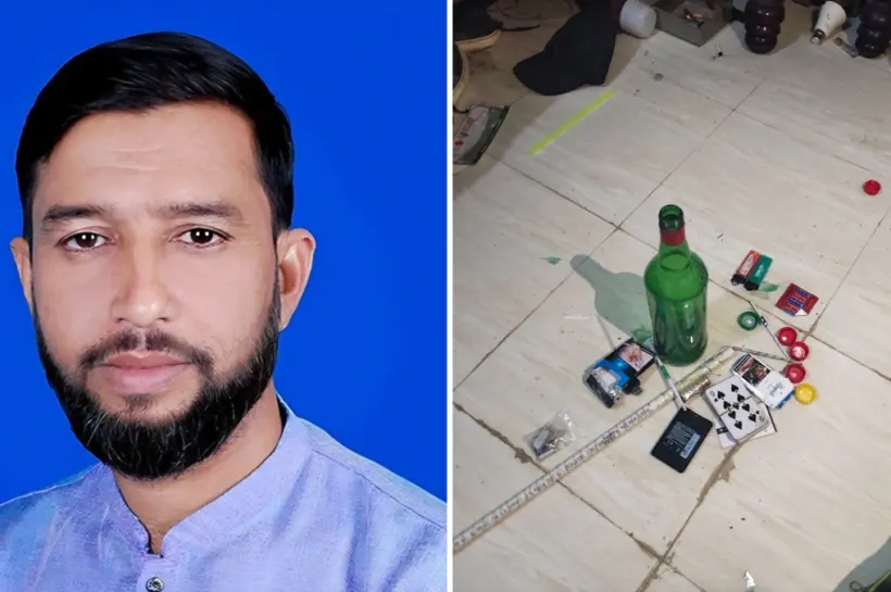 বাসায় মিলেছে বিদেশি মদের বোতল ও ইয়াবা সেবনের সরঞ্জাম।
