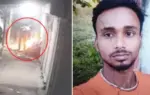 বায়ে আগুন ধরিয়ে দেয়ার দৃশ্য এবং ডানে নিহত চঞ্চল ভৌমিক।