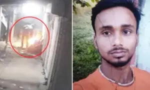 বায়ে আগুন ধরিয়ে দেয়ার দৃশ্য এবং ডানে নিহত চঞ্চল ভৌমিক।