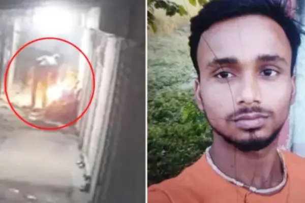 বায়ে আগুন ধরিয়ে দেয়ার দৃশ্য এবং ডানে নিহত চঞ্চল ভৌমিক।