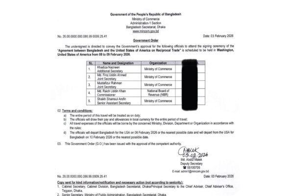 একটি সরকারি দাপ্তরিক পত্রের ছবি, যা গণপ্রজাতন্ত্রী বাংলাদেশ সরকারের বাণিজ্য মন্ত্রণালয় থেকে ৩ ফেব্রুয়ারি ২০২৬ তারিখে জারি করা হয়েছে। চিঠিতে ওয়াশিংটনে ‘Agreement between Bangladesh and the United States of America on Reciprocal Trade’ স্বাক্ষর অনুষ্ঠানে যোগ দেওয়ার জন্য পাঁচজন কর্মকর্তার নাম ও পদবী উল্লেখ করে সরকারি অনুমোদনের কথা জানানো হয়েছে। তালিকায় অতিরিক্ত সচিব খাদিজা নাজনীনসহ বাণিজ্য মন্ত্রণালয় ও এনবিআর-এর কর্মকর্তাদের নাম রয়েছে এবং নিচে উপ-সচিব মো. আব্দুল মালেকের স্বাক্ষর রয়েছে।