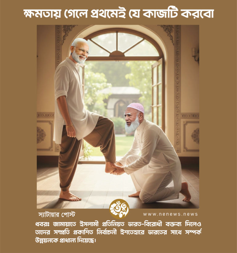 জামায়াতে ইসলামী প্রতিনিয়ত ভারত-বিরোধী বক্তব্য দিলেও তাদের সম্প্রতি প্রকাশিত নির্বাচনী ইশতেহারে ভারতের সাথে সম্পর্ক উন্নয়নকে প্রাধান্য দিয়েছে। তবে মুক্তিযুদ্ধের বিরোধিতাকারী এই দলটির নেতারা বিভিন্ন সময়ে পরস্পরবিরোধী বক্তব্য দিয়ে প্রায়ই সমালোচিত হন। বিশেষ করে নারীবিদ্বেষী বক্তব্যের কারণে তারা সবচেয়ে বেশি সমালোচনার মুখে পড়েছেন। তাদের এসব স্ববিরোধী অবস্থানের প্রেক্ষাপটে ধারণাপ্রসূত এই রাজনৈতিক মিমটি পোস্ট করা হয়েছে যেখানে দেখা যাচ্ছে জামায়াতে ইসলামি দলের প্রধান ভারতের প্রধানমন্ত্রী নরেন্দ্র মোদির পা ধরে বসে আছেন।