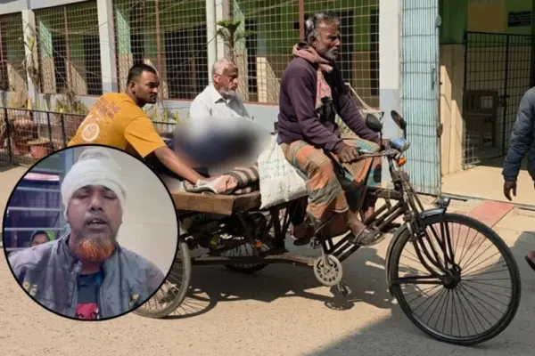 সংঘর্ষে আহতদের ভ্যানগাড়িতে নেওয়া হচ্ছে হাসপাতালে (ইনসেটে আহতদের একজন)।