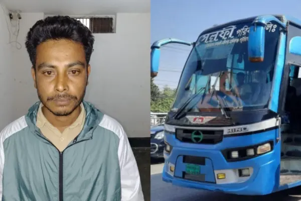 গ্রেপ্তার যুবদল নেতা ও সেলফী পরিবহনের বাস।
