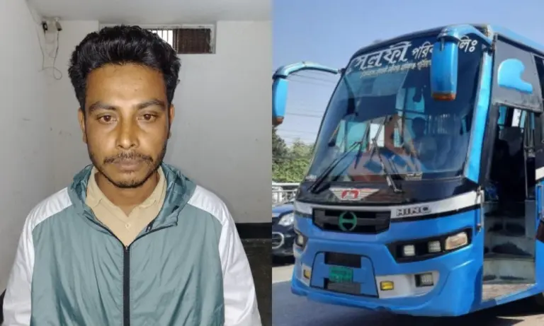 গ্রেপ্তার যুবদল নেতা ও সেলফী পরিবহনের বাস।