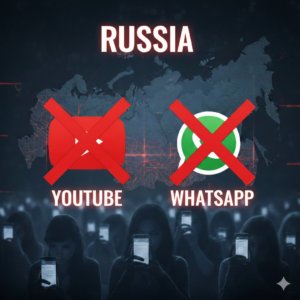 রাশিয়ার মানচিত্রের উপর ইউটিউব এবং হোয়াটসআপ -এর লোগো যার উপর ক্রস চিহ্ন দেয়া কারন সম্প্রতি রাশিয়া এই দুইটী সার্ভিস সেদেশে বন্ধ ঘোষণা করেছে।