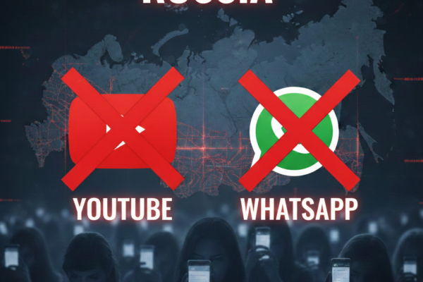 রাশিয়ার মানচিত্রের উপর ইউটিউব এবং হোয়াটসআপ -এর লোগো যার উপর ক্রস চিহ্ন দেয়া কারন সম্প্রতি রাশিয়া এই দুইটী সার্ভিস সেদেশে বন্ধ ঘোষণা করেছে।