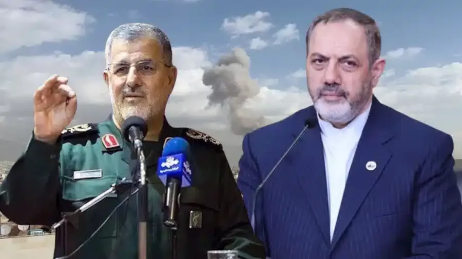 আইআরজিসি কমান্ডার জেনারেল মোহাম্মাদ পাকপৌর (বামে) ও প্রতিরক্ষামন্ত্রী আমির নাসিরজাদেহ (ডানে)।