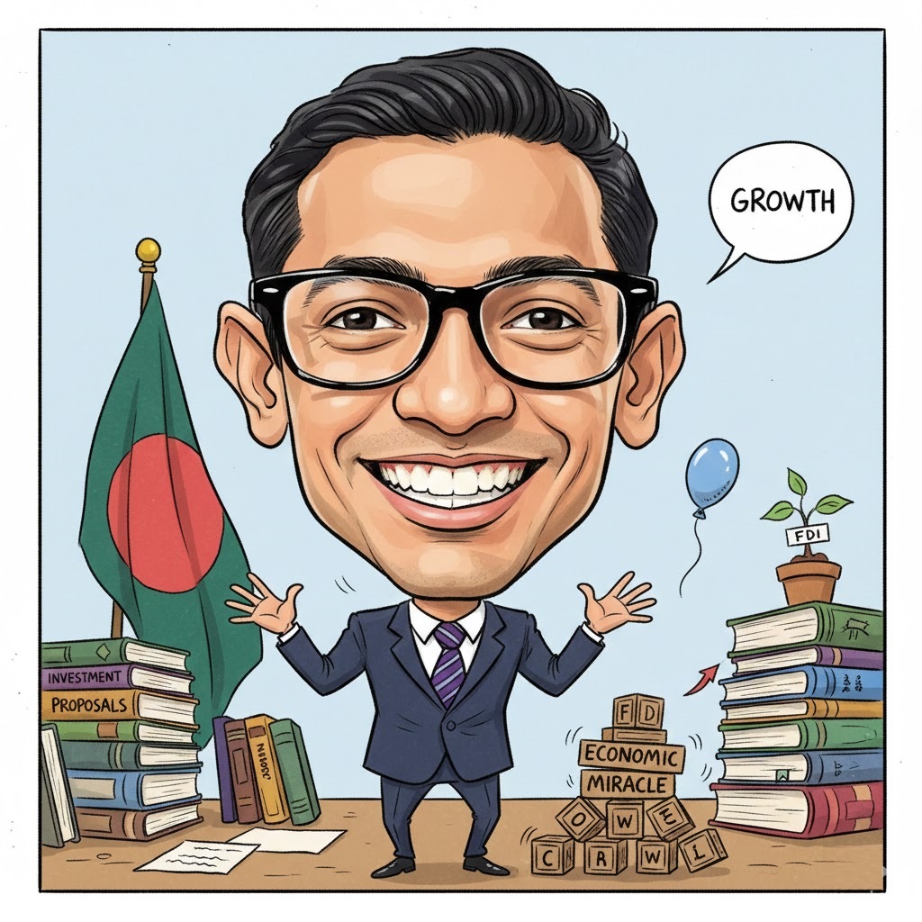 বাংলাদেশ বিনিয়োগ উন্নয়ন কর্তৃপক্ষ বা বিডা (BIDA)-এর নির্বাহী চেয়ারম্যান আশিক চৌধুরীর বিনিয়োগ পরিস্থিতি নিয়ে প্রতীকী কার্টুন।