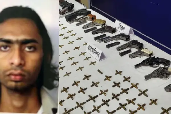 গ্রেপ্তার মেহেদী হাসান দীপু এবং উদ্ধার হওয়া অস্ত্র ও গুলি।