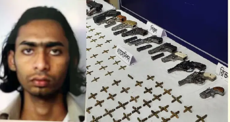 গ্রেপ্তার মেহেদী হাসান দীপু এবং উদ্ধার হওয়া অস্ত্র ও গুলি।