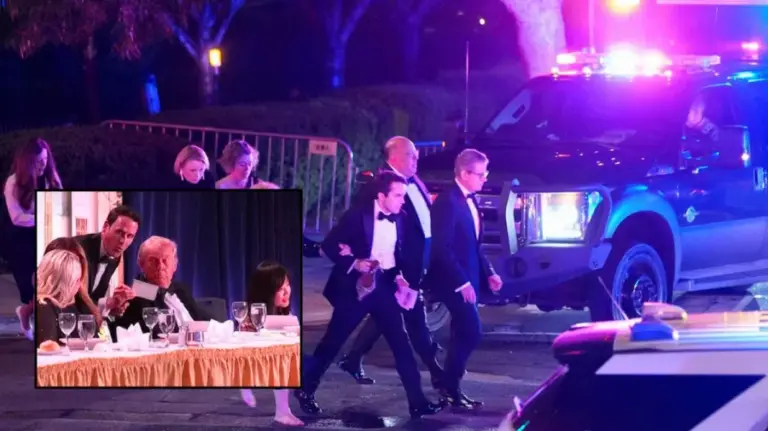 গুলির শব্দ শোনার পর সেখানে আতঙ্ক ছড়িয়ে পড়ে এবং উপস্থিতদের অনেকেই নিরাপদ আশ্রয়ের দিকে ছুটে যান। ইনসেটে ডিনার করছেন ট্রাম্প।